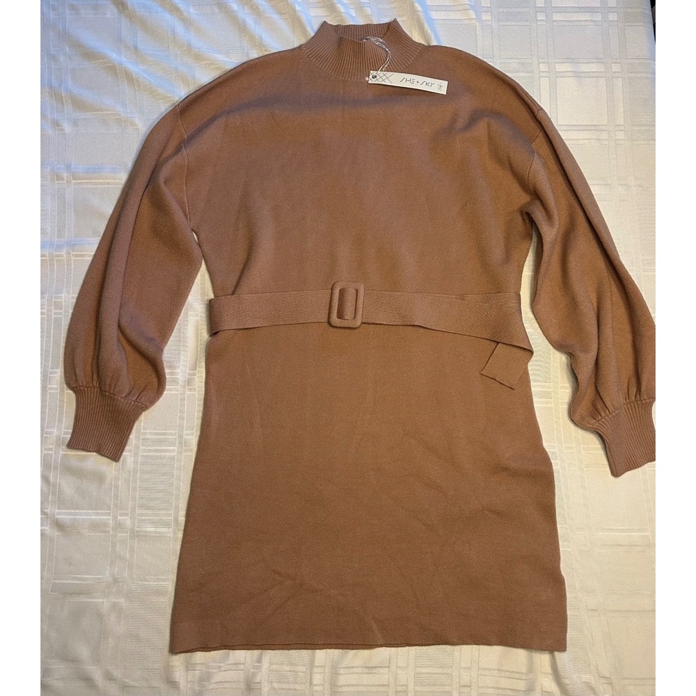 She + Sky Sweater Dress Womens L Brown Mock Neck Belted Balloon Sleeve SY7615